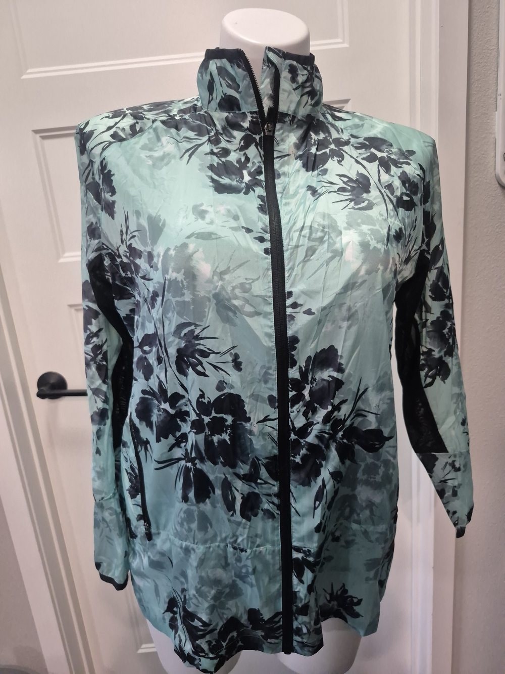 LuLaRoe Light Teal Floral Bomber Jacket with Black Trim